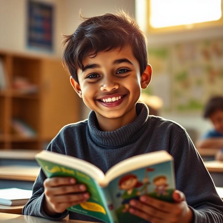 Student smiling with a book